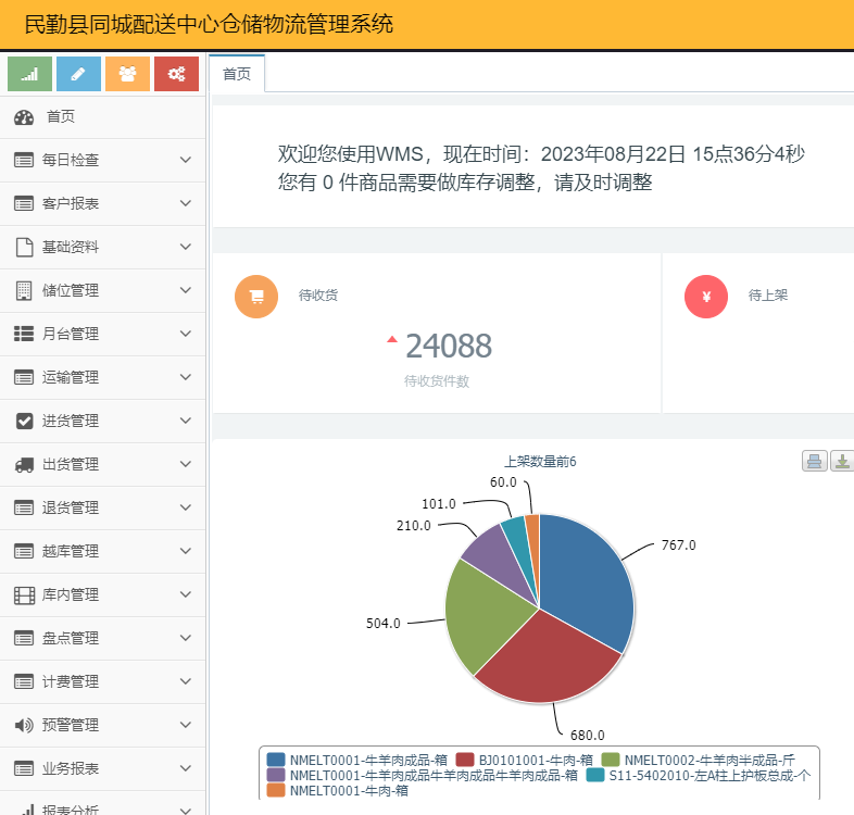 民勤縣同城配送中心WMS倉儲物流管理系統